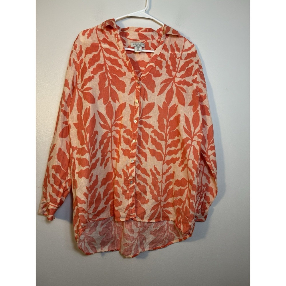 Rachel Zoe 100% Linen Button Up Shirt Sz M Leaf Print Boho Beach Coastal